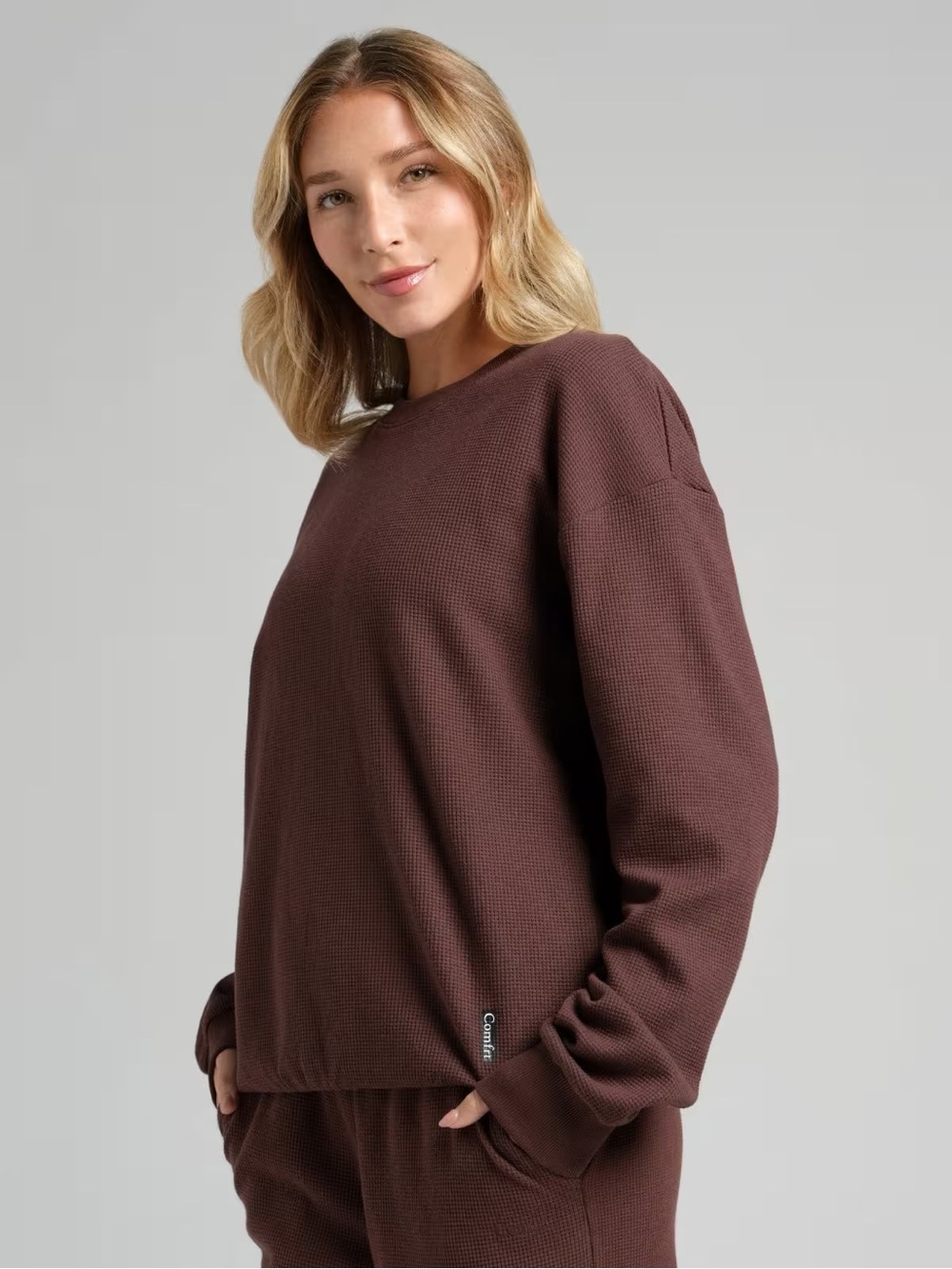 Women's Waffle Knit Long-Sleeve Top - Brown Size M NWT